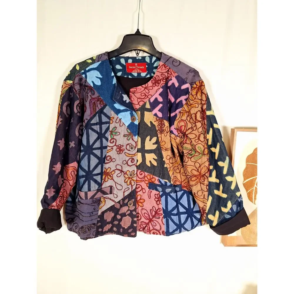 Vintage Sacred Threads Women's Multicolored Quilted Jacket with Pockets M/L
